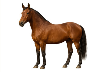 Fototapeta premium Bay horse standing in profile on transparent background, showing equine animal power and elegance, isolated for design