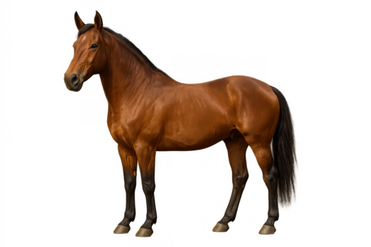 Bay horse standing in profile on transparent background, showing equine animal power and elegance, isolated for design