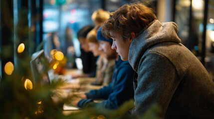 Professionals collaborating in modern co working space winter light through glass walls faceless team members contemporary shared office holiday season productivity
