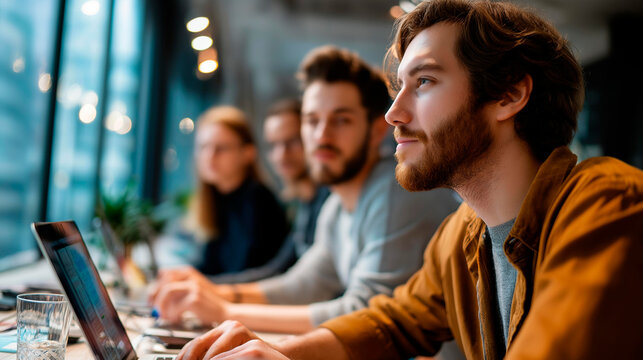 Multicultural startup founders working on project snow visible through windows behind them faceless team collaboration modern tech office winter business meeting creative work - Powered by Adobe