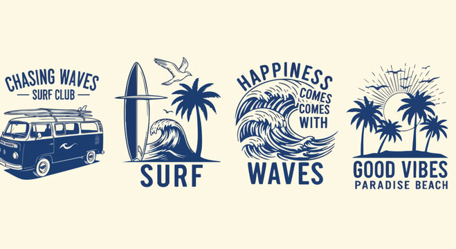 Set of four vintage blue and white surf style graphic designs perfect for apparel, stickers, and posters