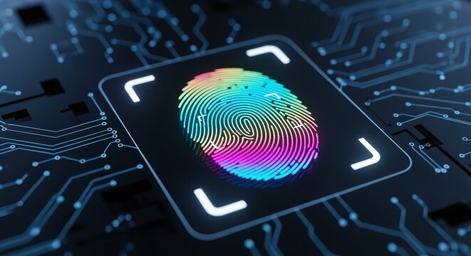 Digital security and biometric authentication A close-up of a vibrant, colorful fingerprint scanner on a complex circuit board, symbolizing advanced technology and data protection