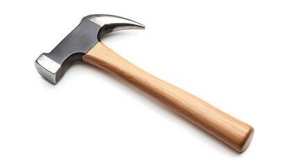 Metal claw hammer with wooden handle rests on clean white surface. This versatile tool is for building, repair, and DIY projects.