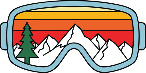 Vector illustration of ski or snowboard goggles reflecting a retro sunset mountain landscape with a pine tree