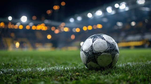 High resolution photo of soccer ball sits on the grass of a stadium at night.