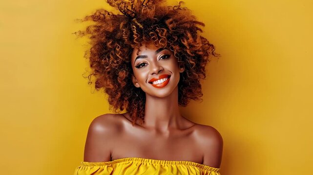 Radiant Smile, Golden Hue: A captivating model, her smile as warm as the sun, embraces a vibrant aesthetic against a striking yellow backdrop, epitomizing confidence and beauty.