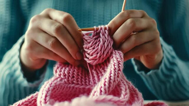 Knitting a Cozy Craft: A close-up of skilled hands expertly weaving soft pink yarn into intricate stitches with knitting needles, embodying the warmth of craftmanship and the joy of creating.