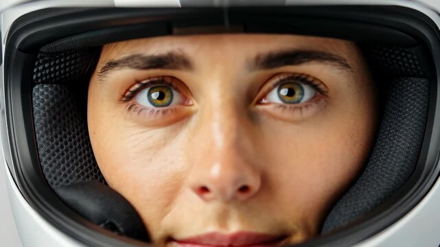 Eyes in the Helmet: A close-up shot focuses on a person's expressive eyes, framed by the protective shell of a helmet, conveying a sense of adventure and readiness.