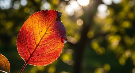 Obraz premium Illuminated autumnal leaf with droplet reflecting natural surroundings