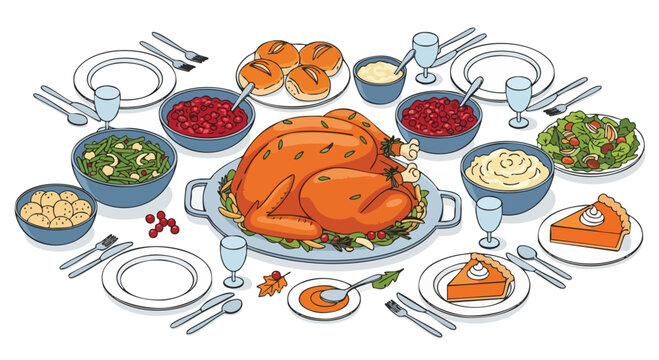A festive Thanksgiving dinner spread, featuring a roasted turkey centerpiece, surrounded by classic side dishes like cranberry sauce, green beans, mashed potatoes, and pumpkin pie