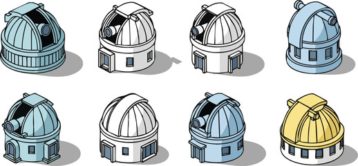 A set of isometric vector icons illustrating various astronomical observatory domes in different color schemes and outline styles