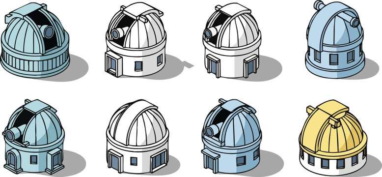 A set of isometric vector icons illustrating various astronomical observatory domes in different color schemes and outline styles