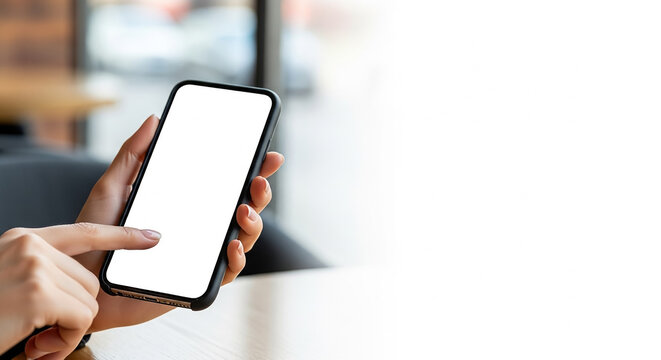 Woman holding mobile phone blank screen mockup