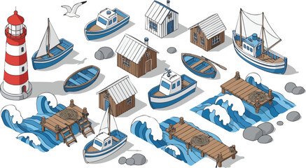 Charming isometric vector set of nautical and coastal elements. Features lighthouses, boats, fishing huts, and wooden piers with waves
