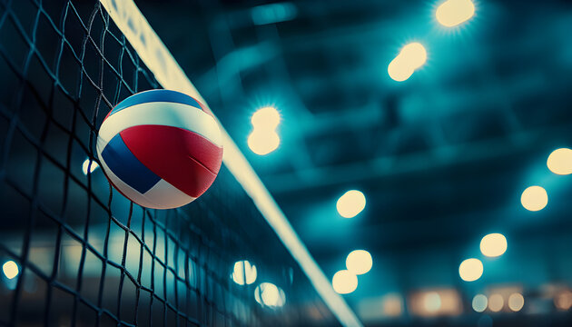 Volleyball ball hits net in arena. Dramatic stadium lights shine on sport game. Players compete in match on court. Fast action,