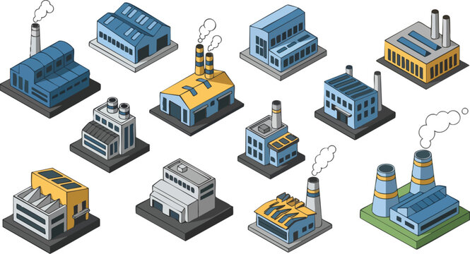 Collection of isometric factory and industrial building icons set against a white background, perfect for construction or manufacturing concepts