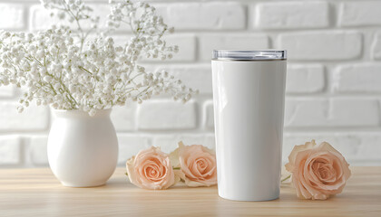 White blank tumbler sits on a wooden surface with floral arrangements on either side. Perfect for mockups, branding, or lifestyle