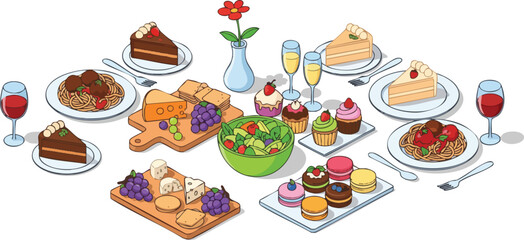 Illustration of a delicious buffet setup featuring spaghetti, salad, cake, cheese boards, cupcakes, wine, and champagne, perfect for a celebration or restaurant menu