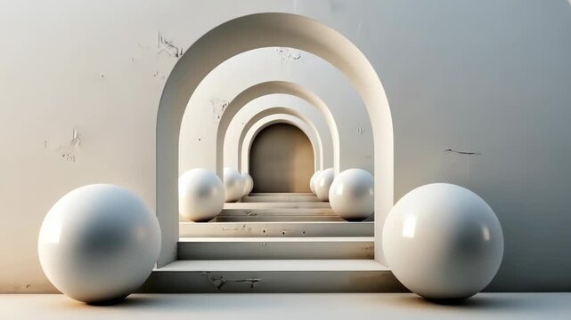 Architectural Spheres: The image showcases a modern architectural design, featuring a series of arched openings and spherical elements. The scene evokes a sense of depth and geometric harmony. 