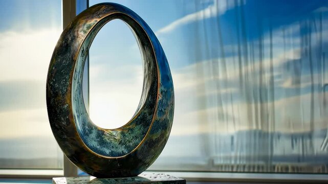 Abstract Bronze Sculpture with Sky Backdrop: A captivating close-up of a modern, abstract bronze sculpture, its unique oval form is contrasted by a vibrant sky.