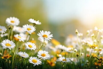 Fototapeta premium Fresh real daisy flowers, blossoms, growing in meadow grass on a warm sunny spring summer day with a bright sunlit sky background