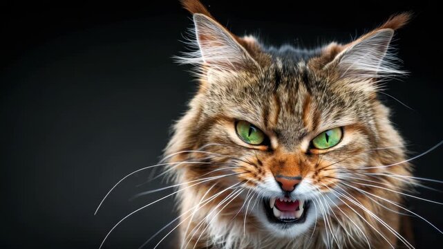 Fierce Feline: A captivating portrait of a lynx, with intense green eyes and a snarling expression, against a dark backdrop.