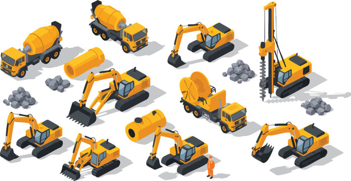 Isometric construction equipment set including excavators, cement trucks, and drilling machines