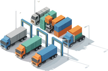 Isometric illustration depicting a logistics hub with various container trucks and loading gates