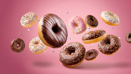 floating donuts with sprinkles chocolate drizzle and pink background