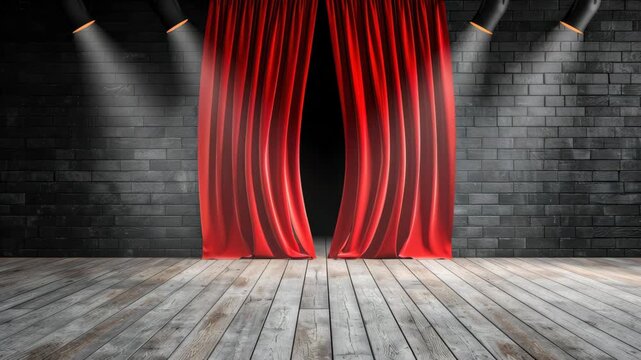 Stage Curtain Reveal: A captivating scene unveils a dramatic theater with rich red curtain opening to a darkened room with spotlight illuminating the wooden floor. 