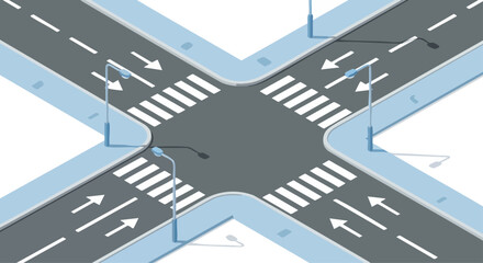 Obraz premium Isometric illustration of a clean four-way road intersection with crosswalks and streetlights on a white background