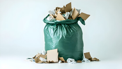 Large green bag full of household waste, paper, and cardboard. Contents spill onto white surface showing debris and discarded
