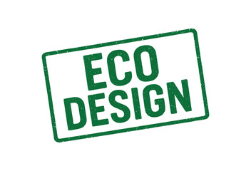 Green rubber stamp text ECO DESIGN rectangular outline bold capital letters distressed texture rotation isolated on white background vector illustration clean minimal style