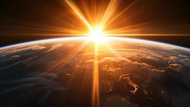 Golden Dawn Over Earth: Witness the breathtaking view of our planet as it emerges from the darkness, kissed by the radiant light of dawn. A symbol of new beginnings and the wonders of the cosmos.