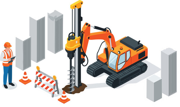Isometric illustration of a pile driver machine drilling foundations near urban buildings with a construction worker overseeing the work