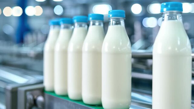 Fresh Milk Bottles on Production Line: A row of freshly filled milk bottles with blue caps moves along a production line in a modern dairy, showcasing efficiency and precision.