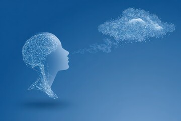 Abstract representation of a human head exhaling thoughts into a digital cloud on a blue background