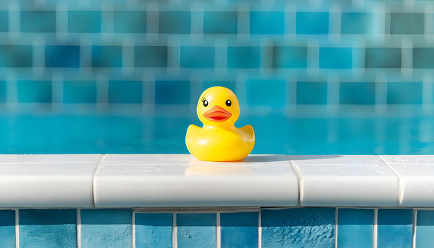Yellow rubber duck sits on white tiled ledge near blue water. Clean minimalist background, bright aqua tiles on wall. Reflection of