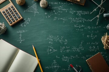 Aerial view of a chalkboard filled with mathematical equations and study materials