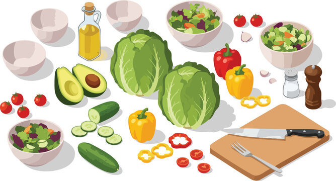 Isometric vector layout of ingredients for preparing a fresh, healthy salad