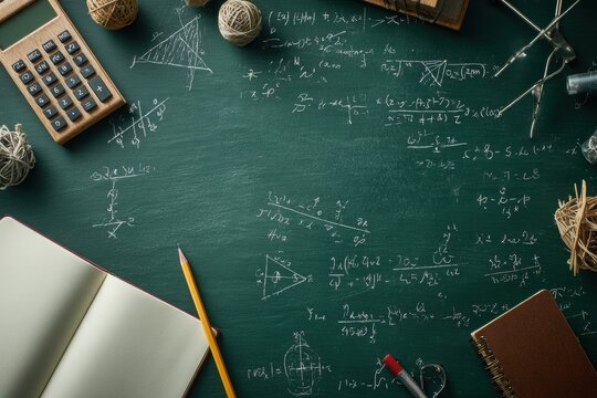 Aerial view of a chalkboard filled with mathematical equations and study materials - Powered by Adobe