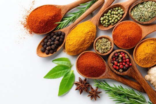 Assorted spices arranged in wooden spoons on a white background, showcasing vibrant colors and textures