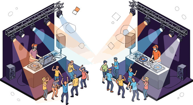 Two DJs playing music on turntables and laptops while a crowd dances energetically under colorful stage lights at a vibrant party