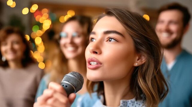 Young woman singing karaoke with friends at home, selective focus, under soft warm light highlighting fun and connection, serene home scene, calm indoor lighting, with copy space
