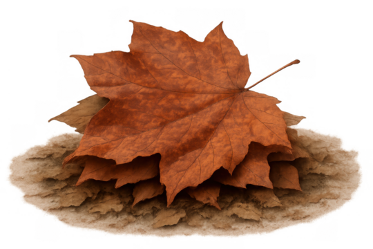 Autumn season concept with brown maple leaf and dry foliage pile, fall nature changing colors on transparent background