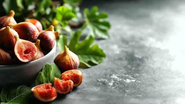 Fresh ripe figs and green leaves on gray textured table, flat lay, space for text, under soft natural light highlighting color and texture, serene culinary scene, calm table lighti