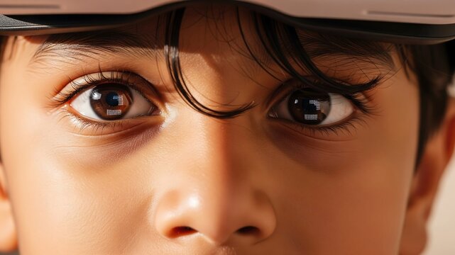 Virtual Reality Boy: A close-up portrait of a young boy wearing a VR headset, his eyes reflecting the digital world he's immersed in with curiosity and wonder.