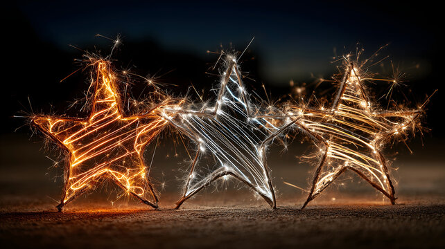 Night Celebration: Three Wire Stars Lit Up with Golden and Silver Sparklers on a Dark Background