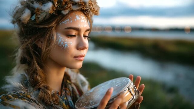 Beautiful shaman woman with face painting and tambourine performing ritual near river outdoors, space for text, under soft natural light highlighting mysticism and motion, serene c