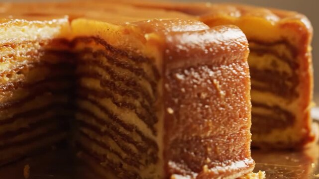 Close-up of a delicious traditional Indonesian layer cake, also known as Kue Lapis Legit, with a slice cut out, showcasing its intricate layers and rich golden-brown color, perfect for a festive occa.